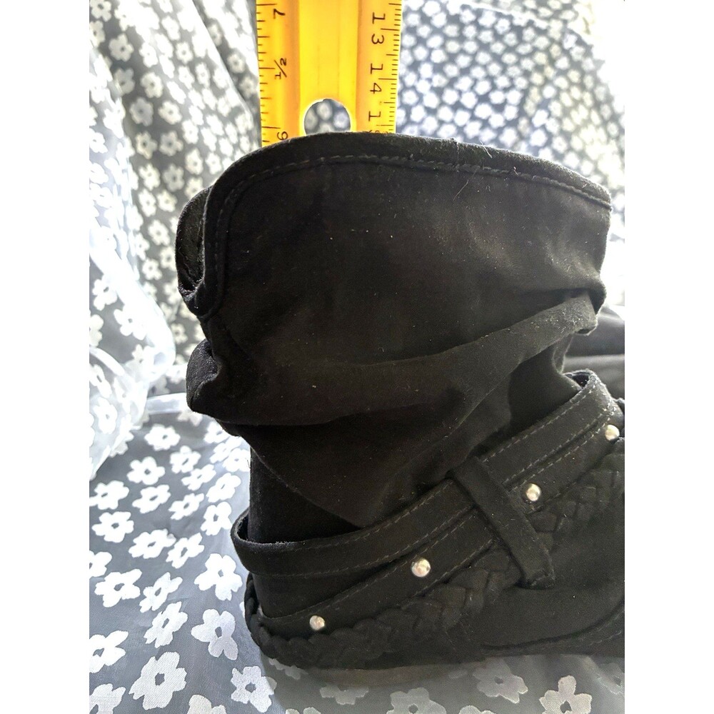 Report Black Slouchy Ankle Boots Faux Suede Braided Buckle Studs Booties Size 7 - Picture 5 of 16
